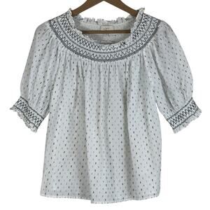 Loft Blouse Women S White Textured Polka Dot Puff Sleeve Cottagecore 100% Cotton